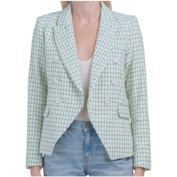 Rachel Zoe Tweed Plaid Blazer in Green/ White Size S